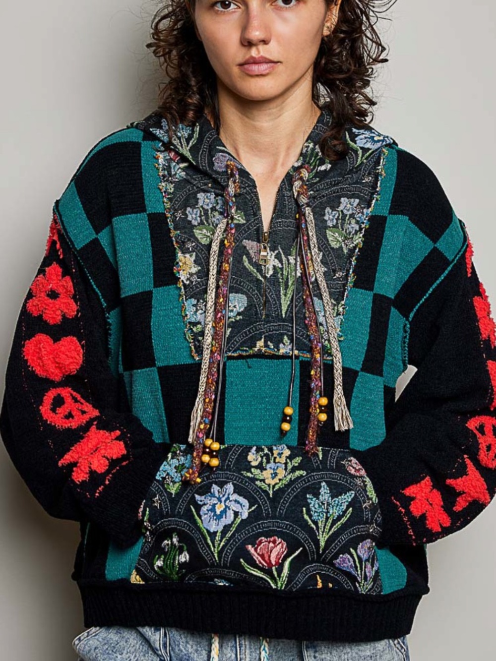 POL Floral Tapestry Chenille Checkered Peace Heart Star Detail Hoodie Sweater